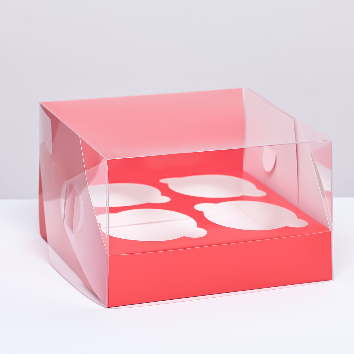 Кондитерская складная коробка для 4 капкейков 16 х 16 х 10 , красная