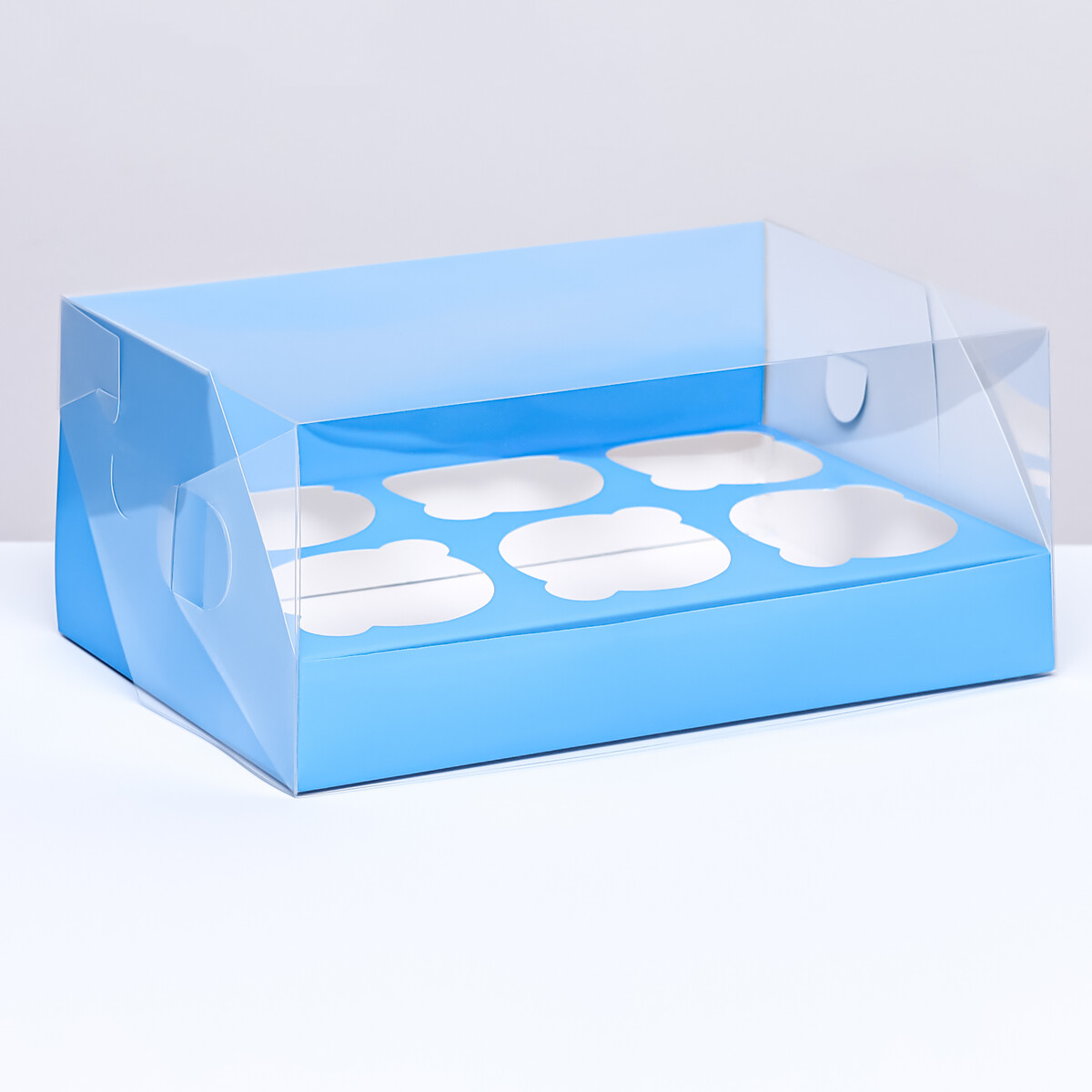 Кондитерская складная коробка для 6 капкейков 23,5 х 16 х 10 , голубая кондитерская складная коробка для 4 капкейков 16 х 16 х 10 розовая