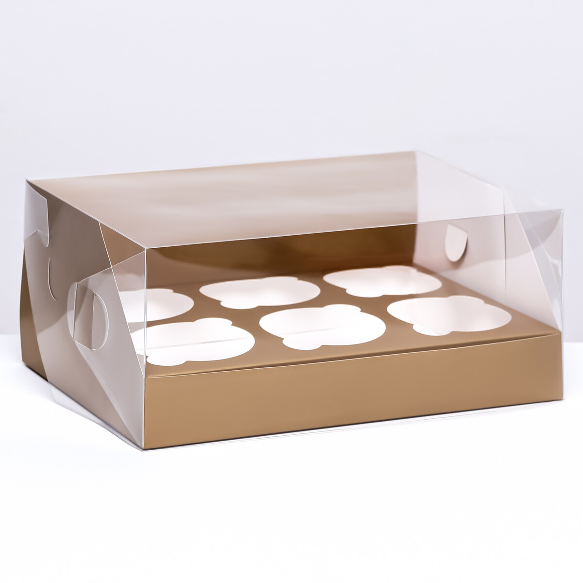 Кондитерская складная коробка для 6 капкейков 23,5 х 16 х 10 , золотая коробка под 6 капкейков