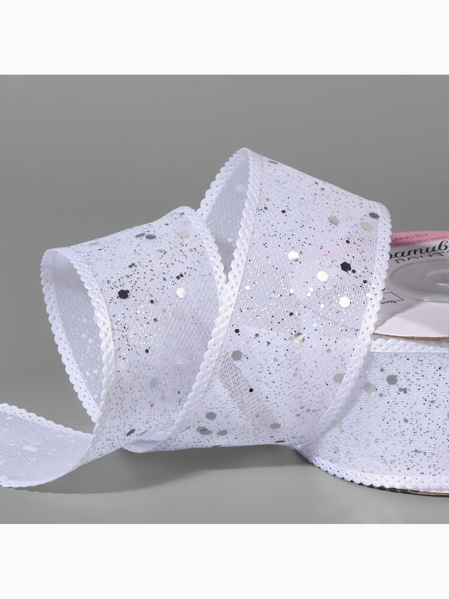 

Лента декоративная, с глиттером, 38 мм, 9±0.5 м, белая, серебряная, Белый