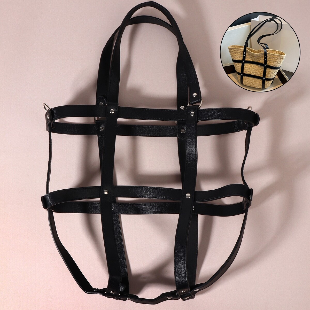 Портупея для сумки из искусственной кожи, 43 × 35 × 15 см, цвет черный/серебряный