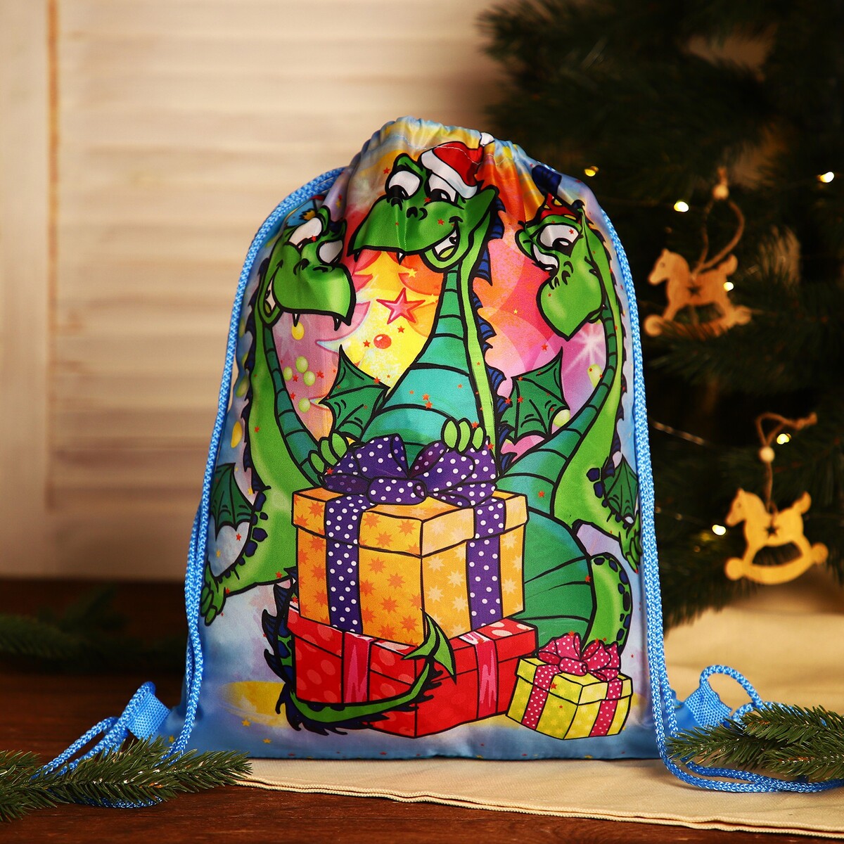 Мешок новогодний на шнурке, цвет голубой/разноцветный joyarty сумка рюкзак мешок скоро новый год для обуви и вещей 38x40 см