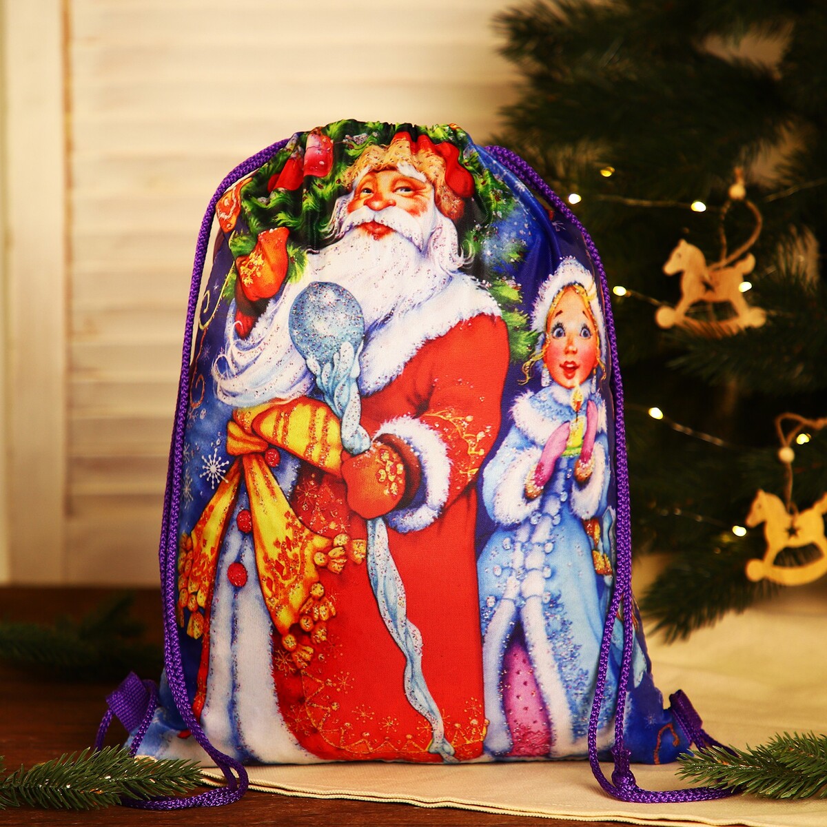 Мешок новогодний на шнурке, цвет синий/разноцветный мешок спальный alexika tundra plus 2 левосторонний синий