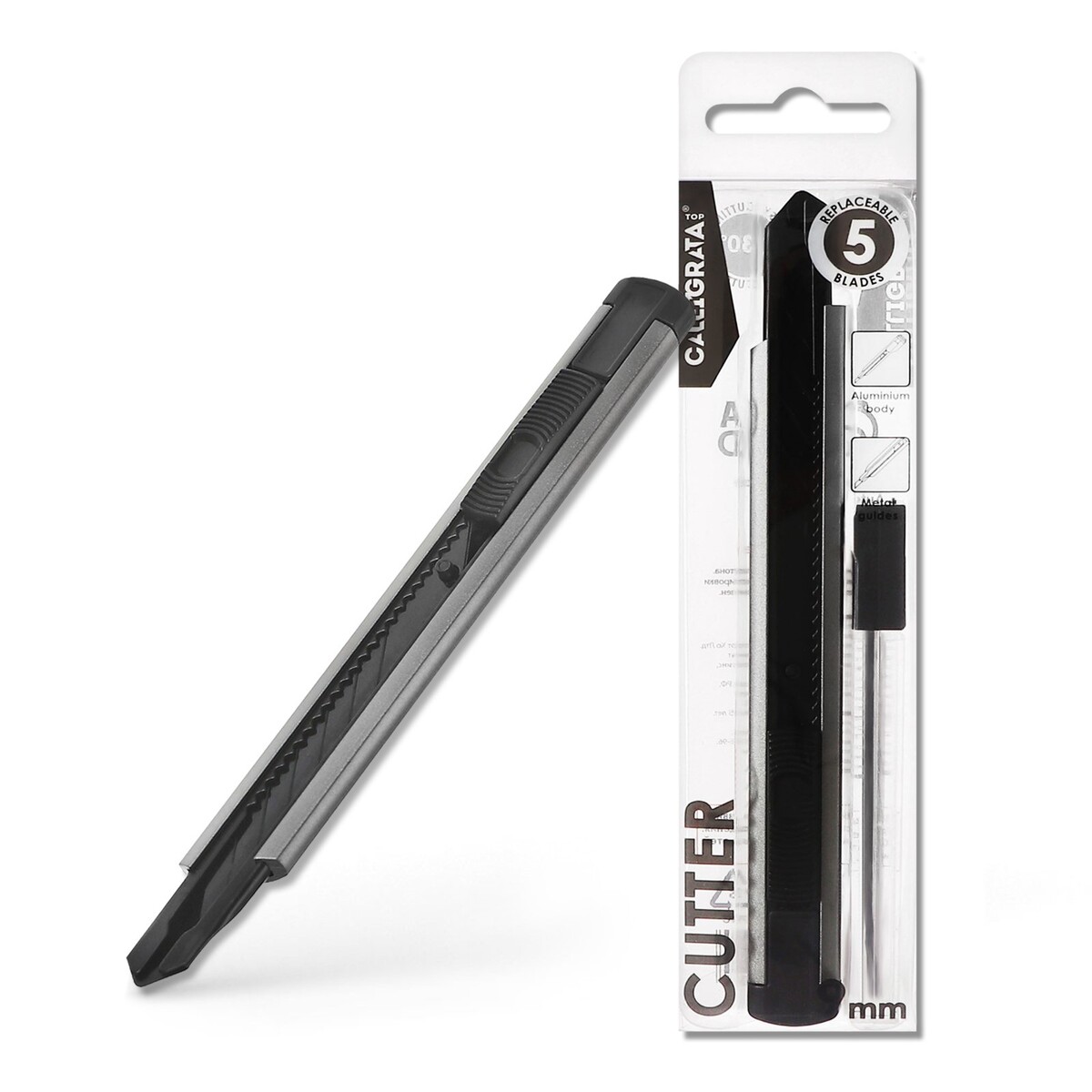 Нож канцелярский 9мм металл + лезвие, 5 штук черных, top нож универсальный matrix 78914 выдвижное лезвие металл винтовой фиксатор 18 мм