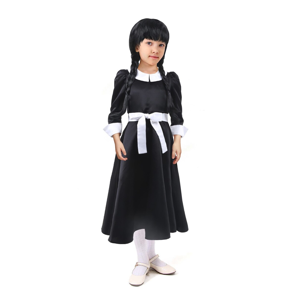 Карнавальное черное платье с белым воротником,атлас,п/э,р-р34,р134 платье с воротником holivin карусель бежевое