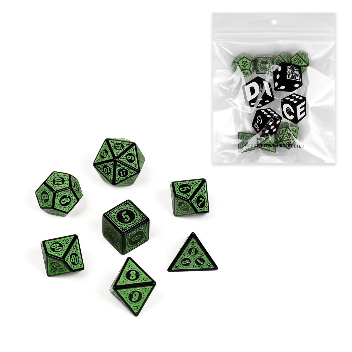 Набор кубиков для d&d (dungeons and dragons, днд) Время игры, цвет зеленый 07135481 - фото 1