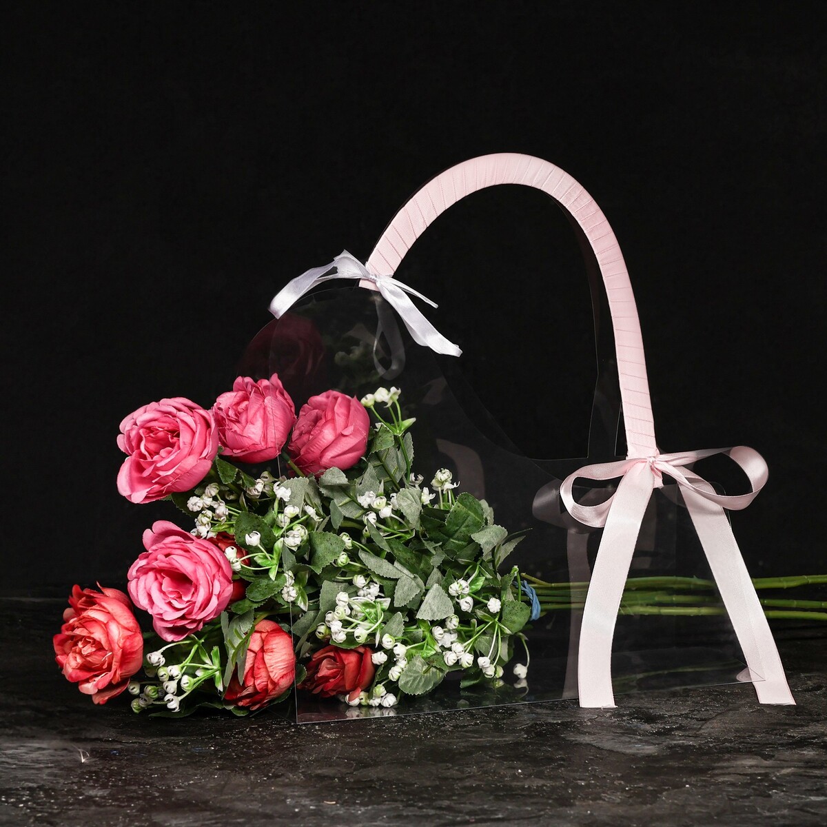 Переноска для цветов с лентой, 30х25х12 см, розовая скакалка sportex 2 8 м ручки пп шнур резина розовая r18146