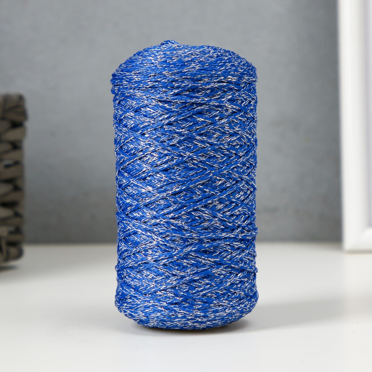 Шнур для вязания 100% полиэфир с люрексом 1 мм цилиндр,75±10гр, 200м, 20-синий+серебро