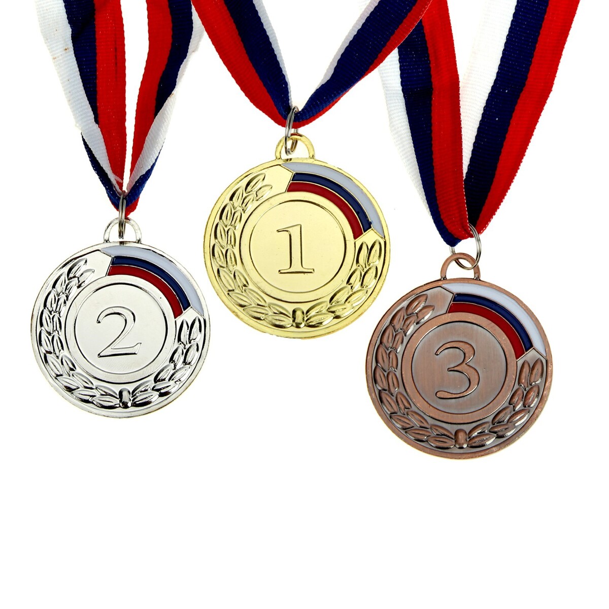 Медаль призовая 002 диам 5 см. 1 место, триколор. цвет зол. с лентой 3 ряд 17 место