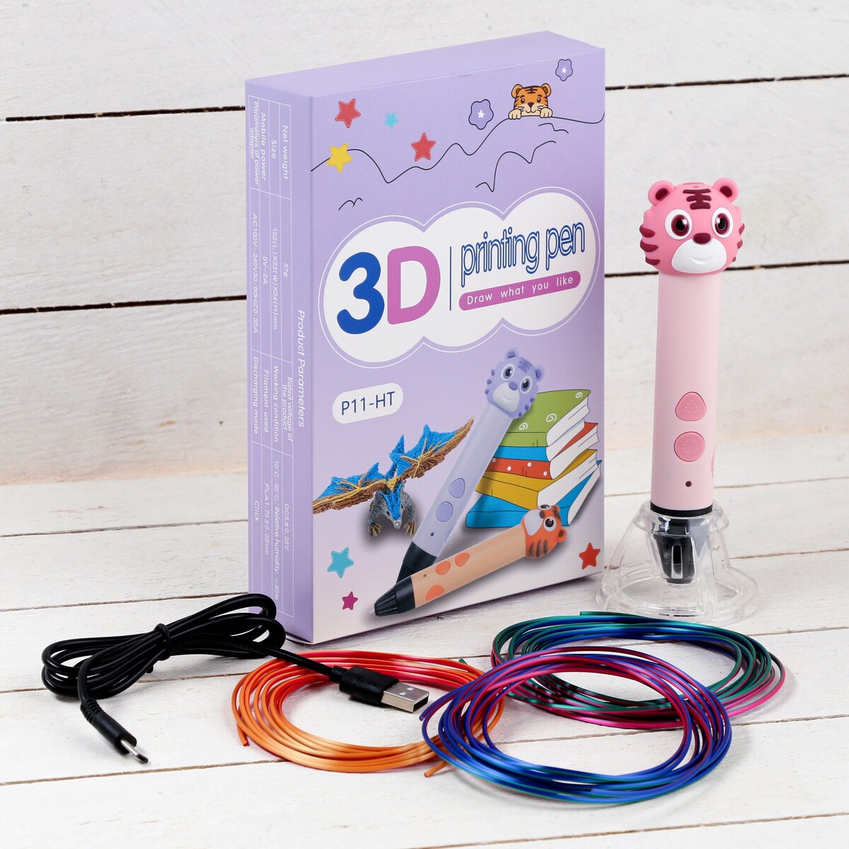 3d ручка тигренок, работа с пластиком pla, usb кабель питания, розовая 3d ручка тигренок работа с пластиком pla usb кабель питания оранжевая