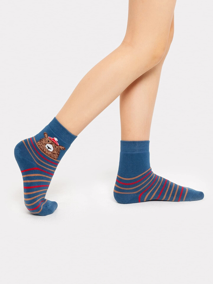 Носки детские синие махровые с рисунком в виде медведя и полосок носки детские хлопок махра clever р 16 с 900