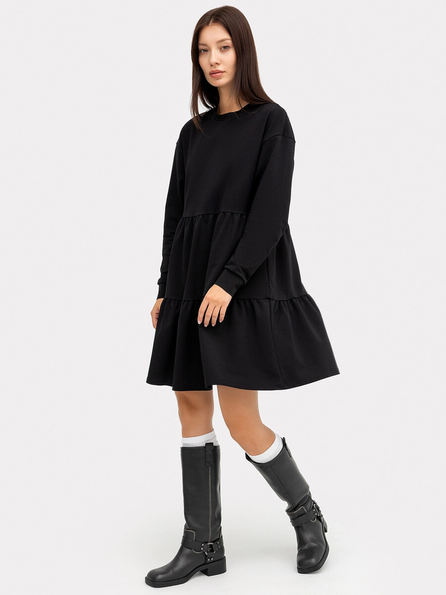 Свободное многоярусное платье мини черного цвета стильное платье мини черного а