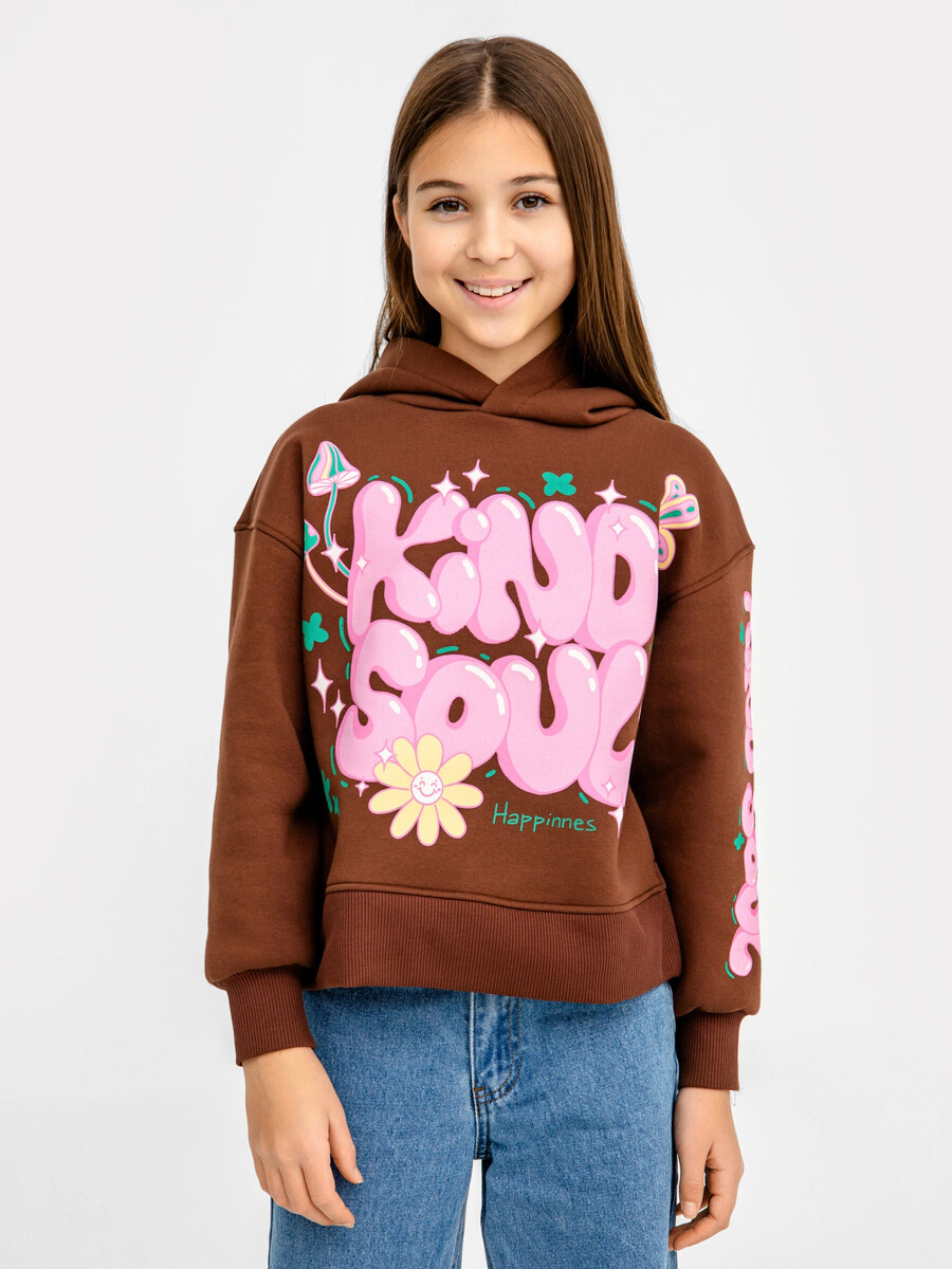 Худи для девочек в бежево-коричневом оттенке с печатью свободное худи с карманом кенгуру песочного цвета для девочек