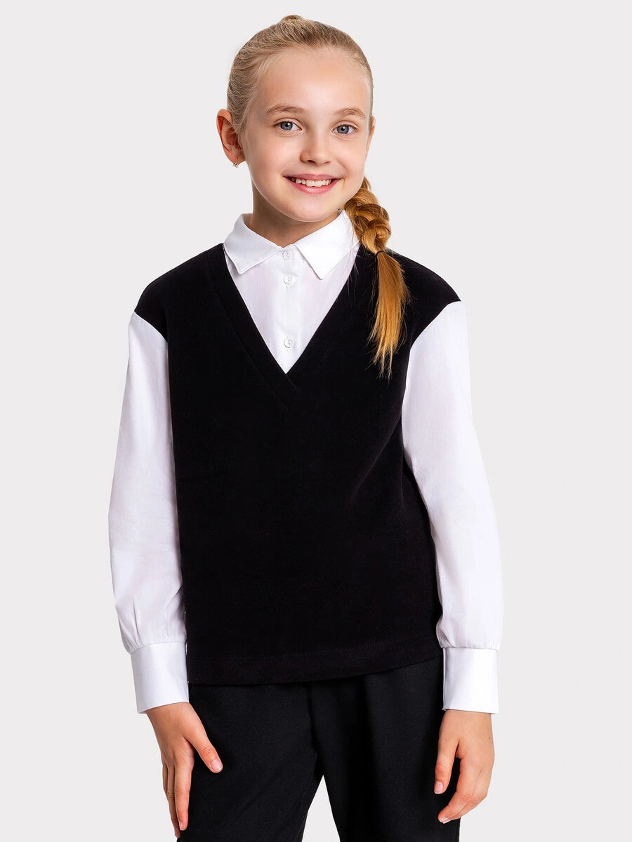 Джемпер-обманка для девочек в черном оттенке джемпер белого а в горошек с воротником стойкой для девочек