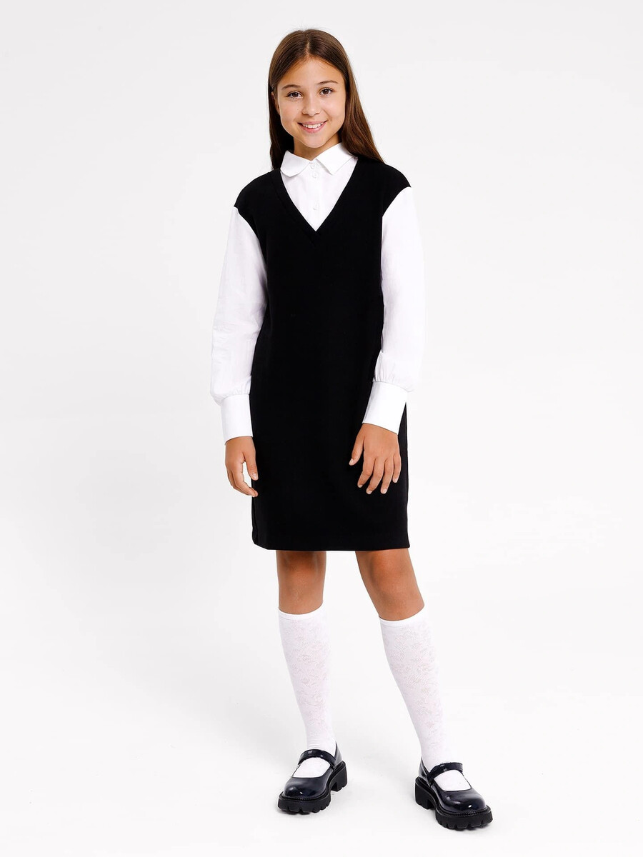 Жилет-платье для девочек в черном цвете однотонный джемпер с воротником стойкой песочного а для девочек