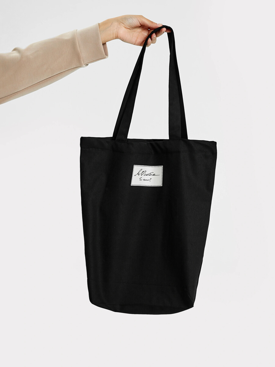 Сумка-шопер черная с печатью однотонная текстильная сумка шопер в светло сером оттенке