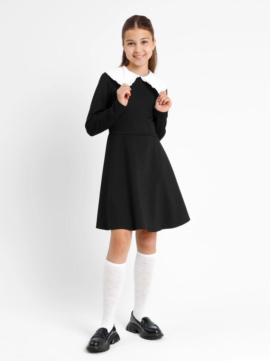 Платье для девочек в черном цвете с белым воротничком перчатки в стиле колор блок для девочек