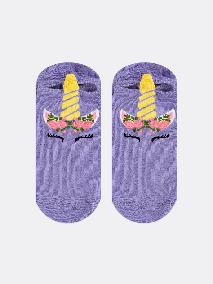 Носки детские короткие фиолетовые с рисунком единорога и 3-д