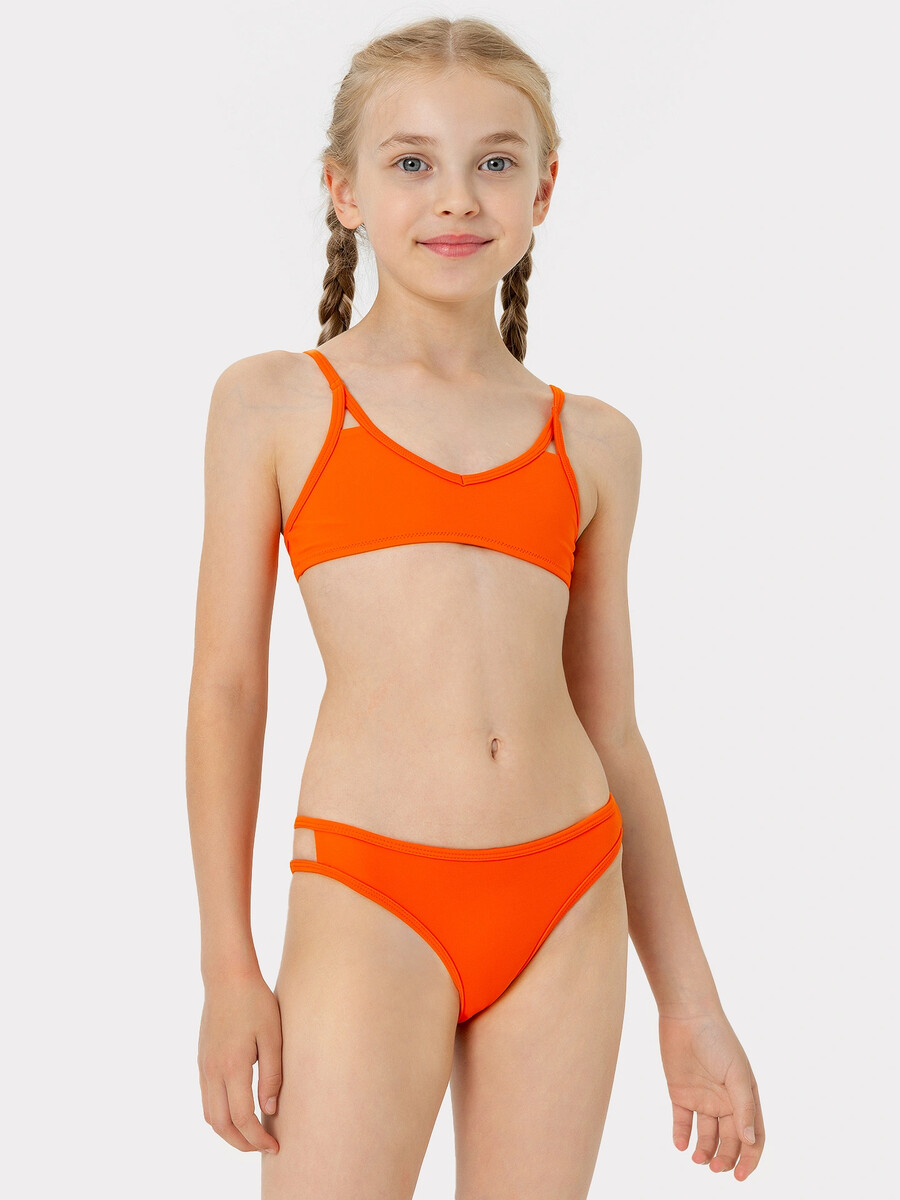 Купальник для девочек раздельный оранжевый с декоративными разрезами