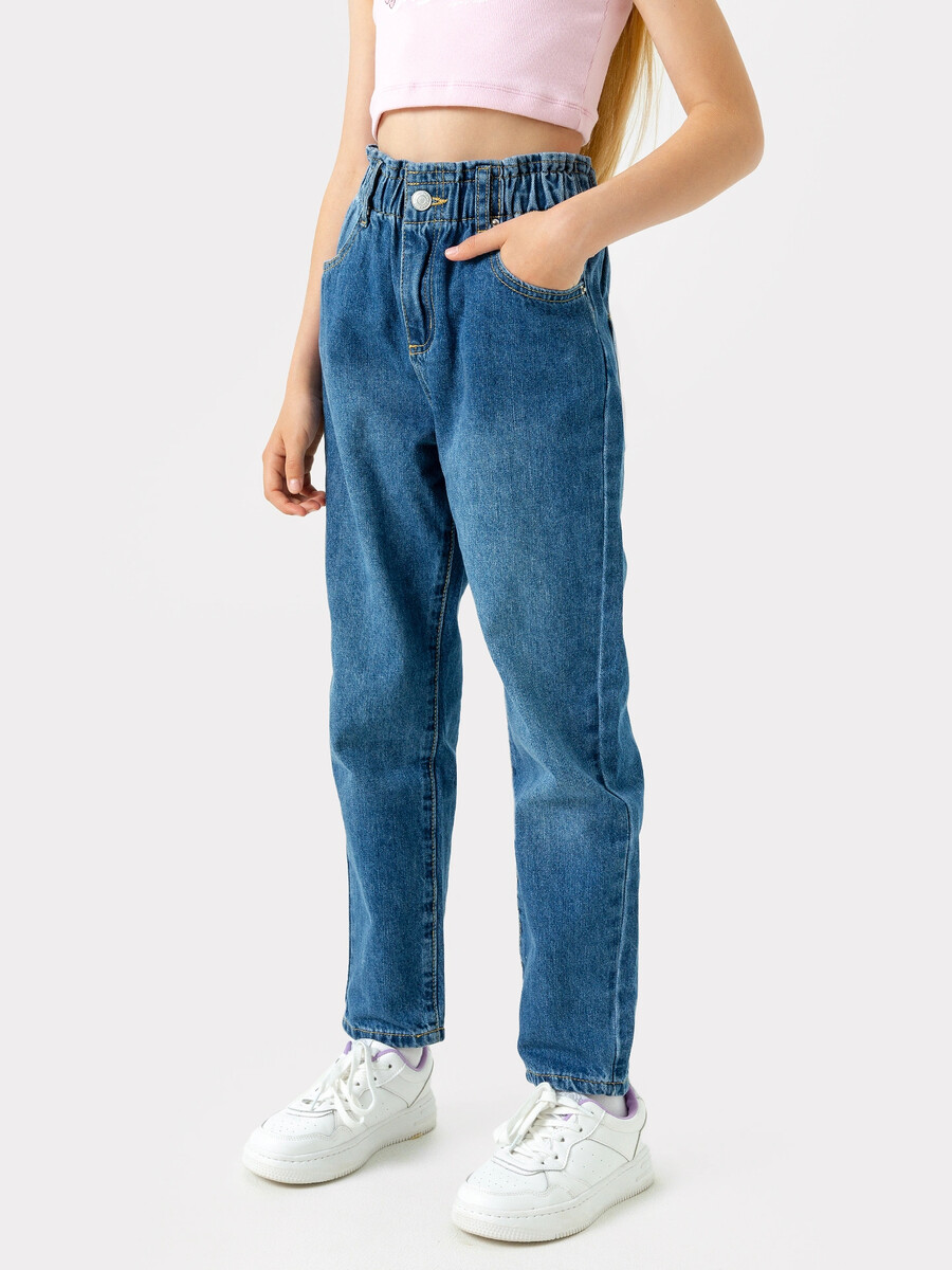Прямые свободные джинсы синего цвета для девочек playtoday брюки текстильные джинсовые для девочек 12221118