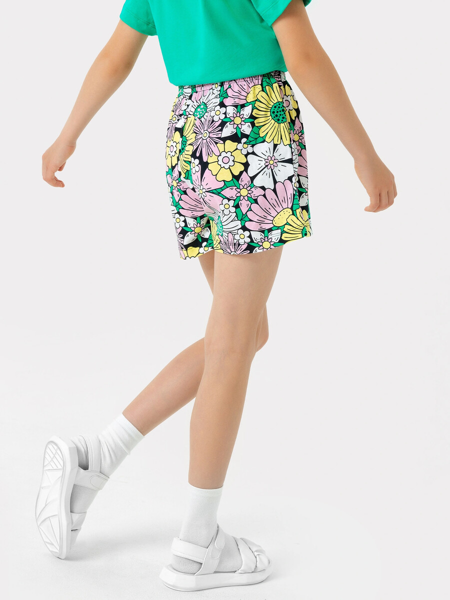 фото Шорты для девочек черные с рисунком разноцветных цветочков mark formelle