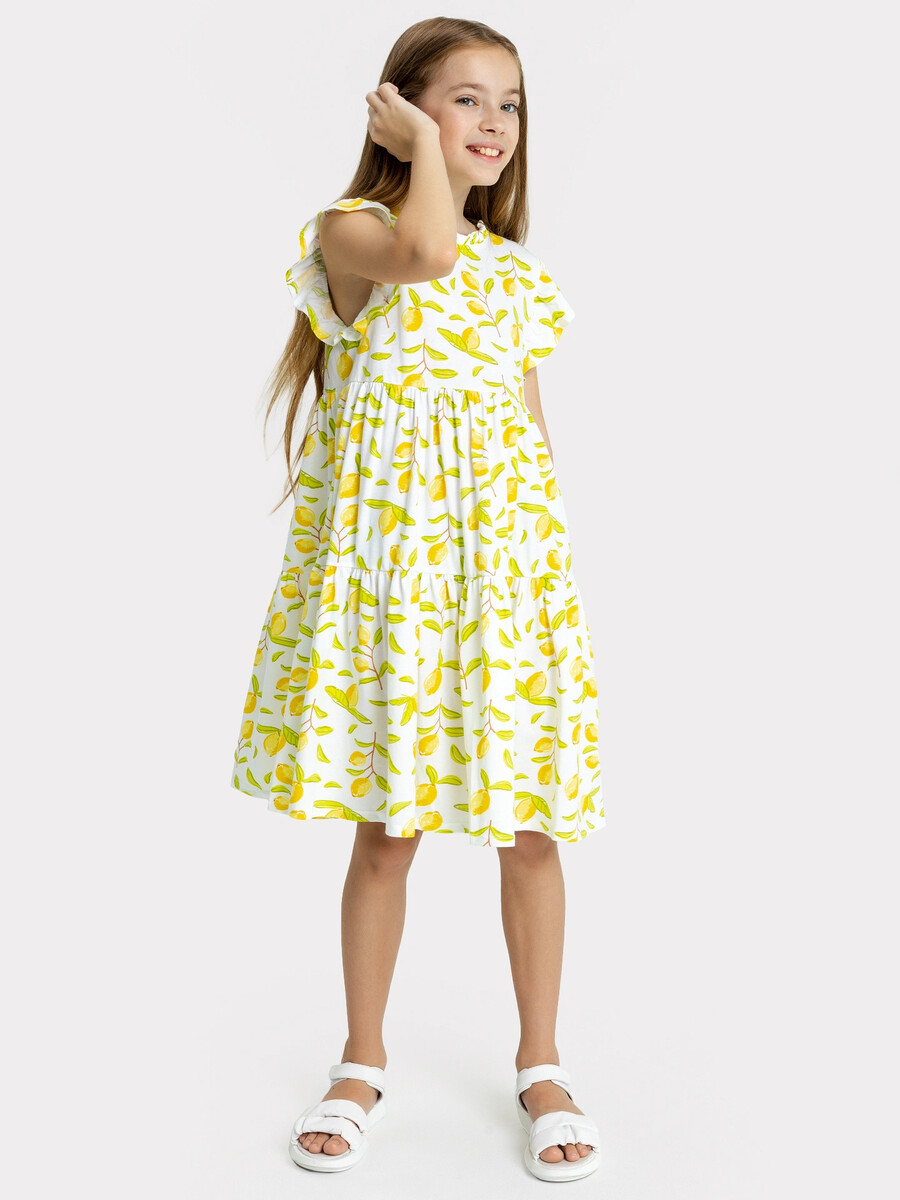 Платье белое с рисунком лимонов и рукавами-крылышками для девочек
