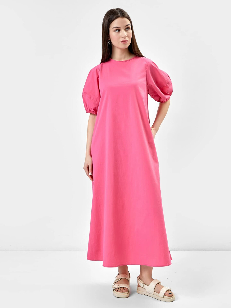 Платье женское макси с рукавами-фонариками в ярко-розовом цвете