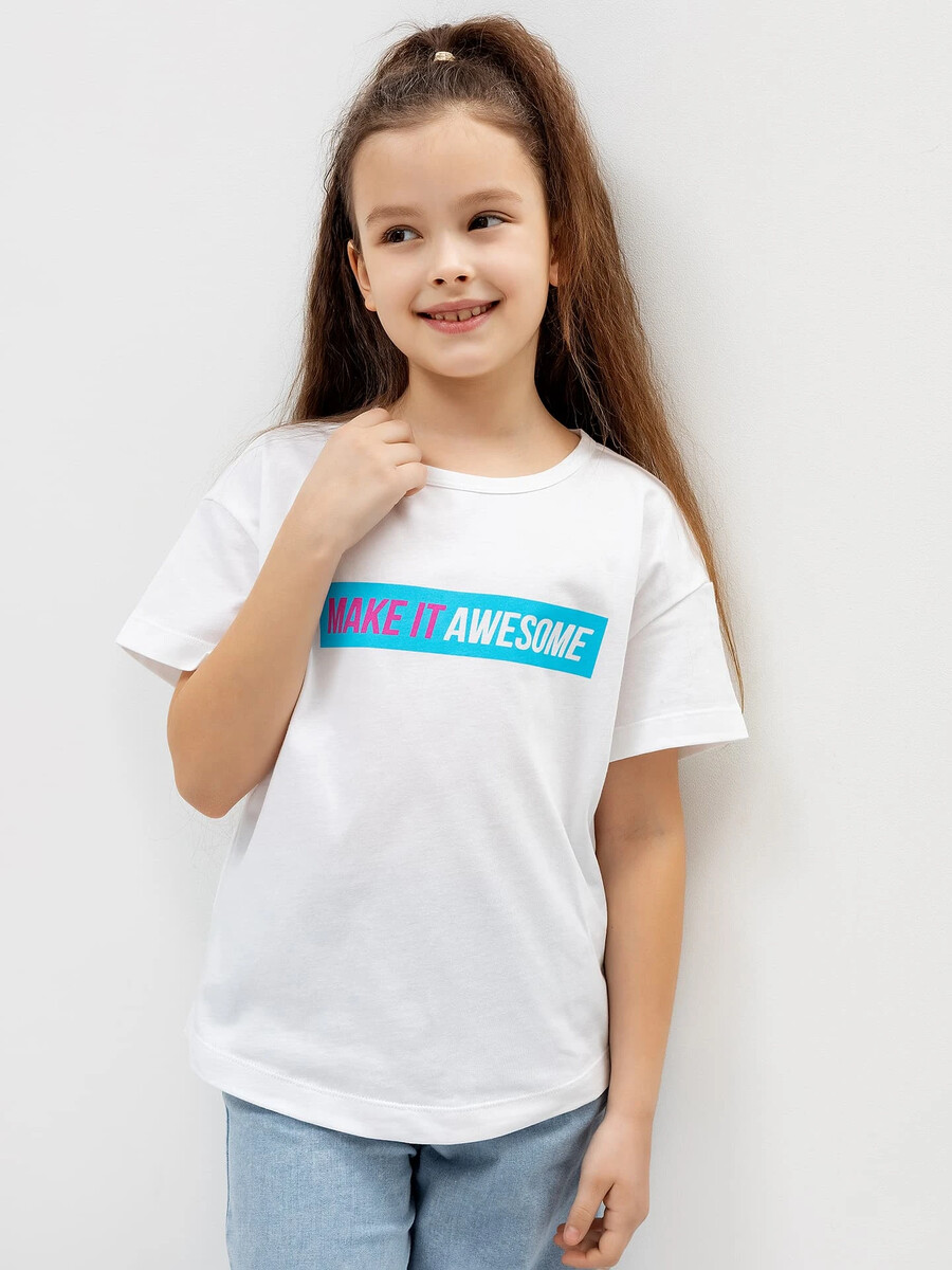 Хлопковая футболка для девочки в белом цвете с принтом