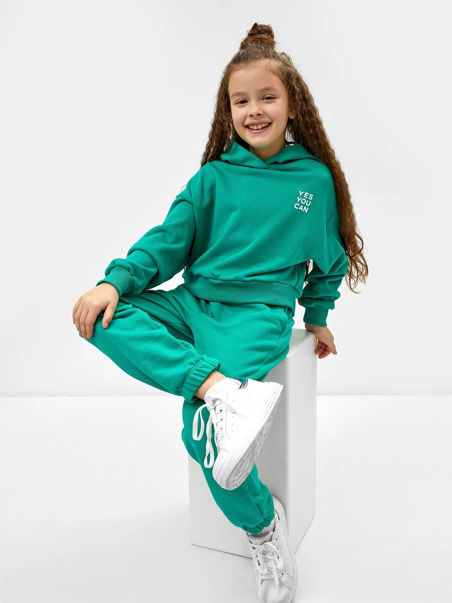 Худи для девочек укороченное в зеленом цвете с печатью свободное худи с карманом кенгуру песочного цвета для девочек
