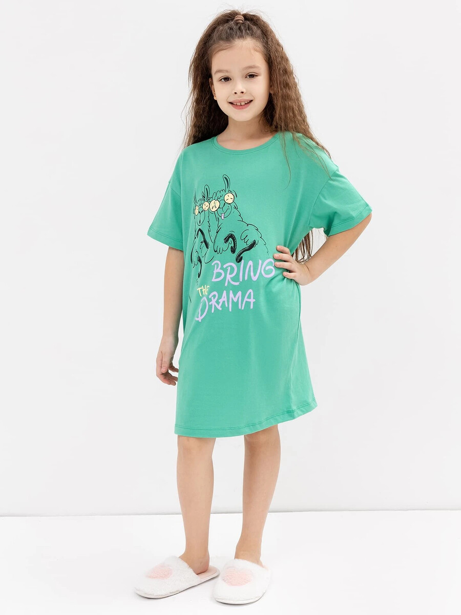 Сорочка ночная для девочек в зеленом цвете с принтом ночная фиалка