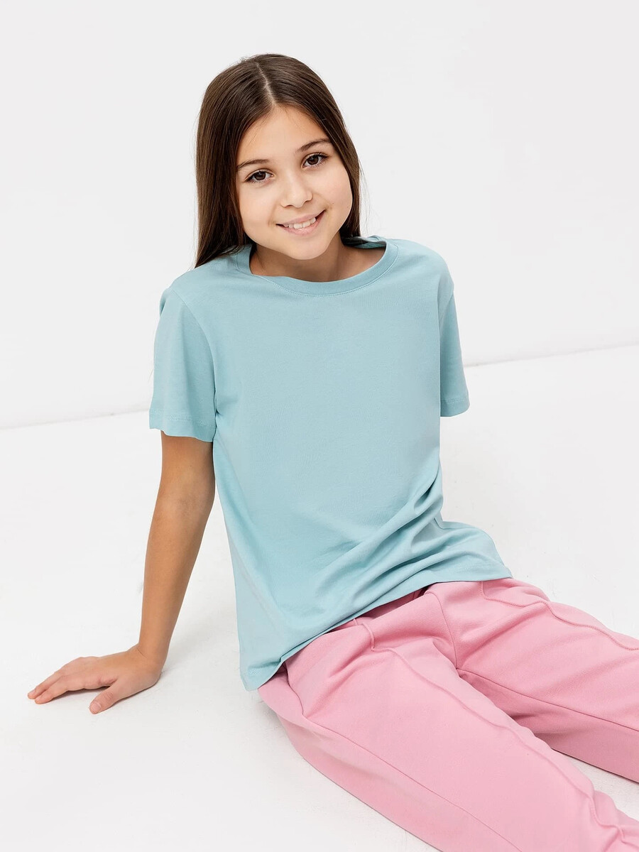 фото Однотонная хлопковая футболка голубого цвета для девочек mark formelle