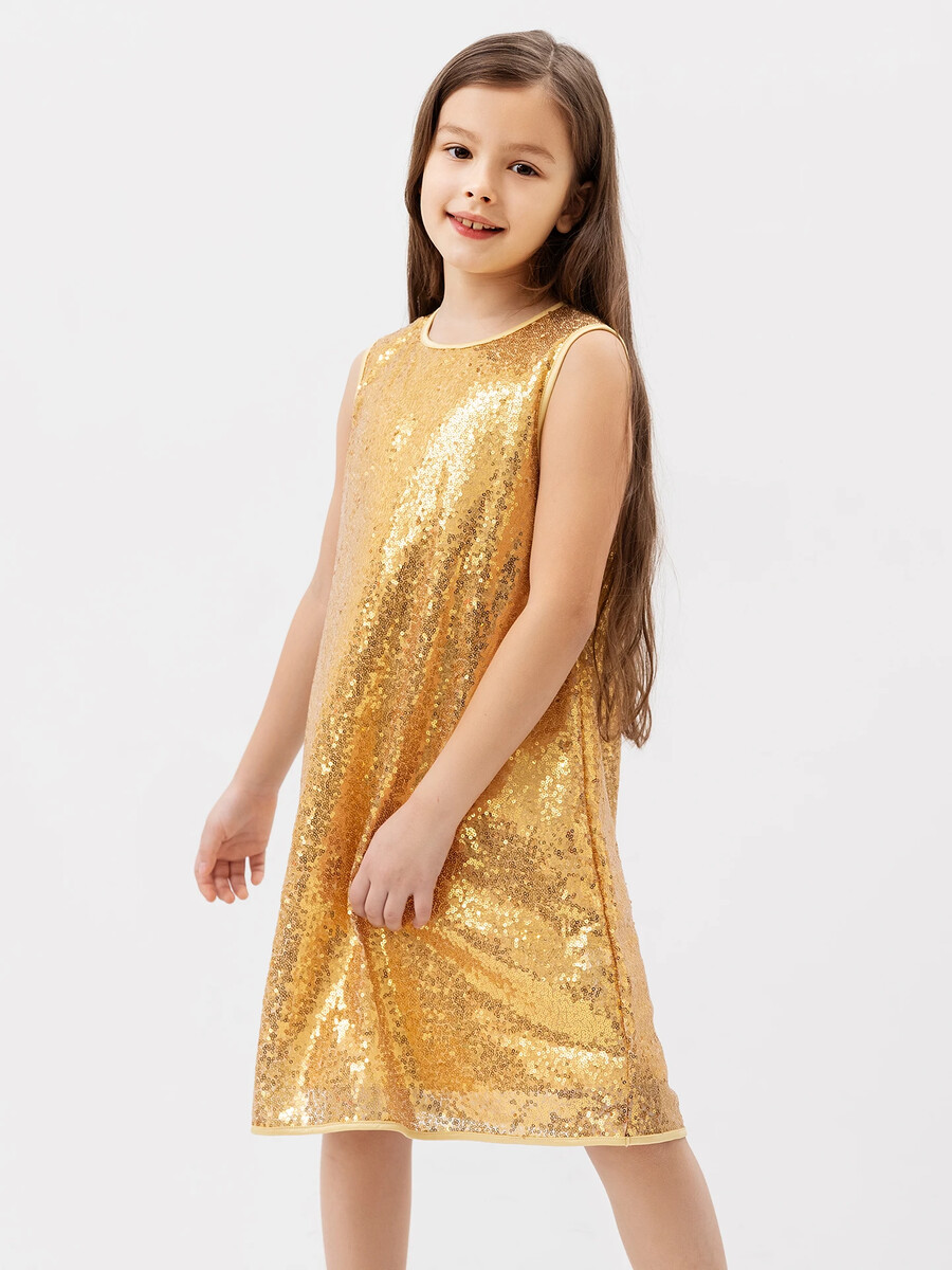 фото Нарядное платье без рукавов в золотистые пайетки для девочек mark formelle