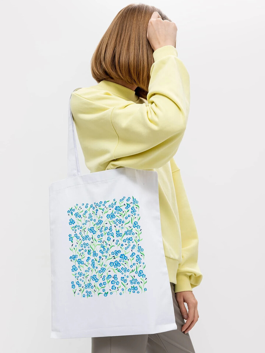 Текстильная белая сумка-шопер с цветочным принтом