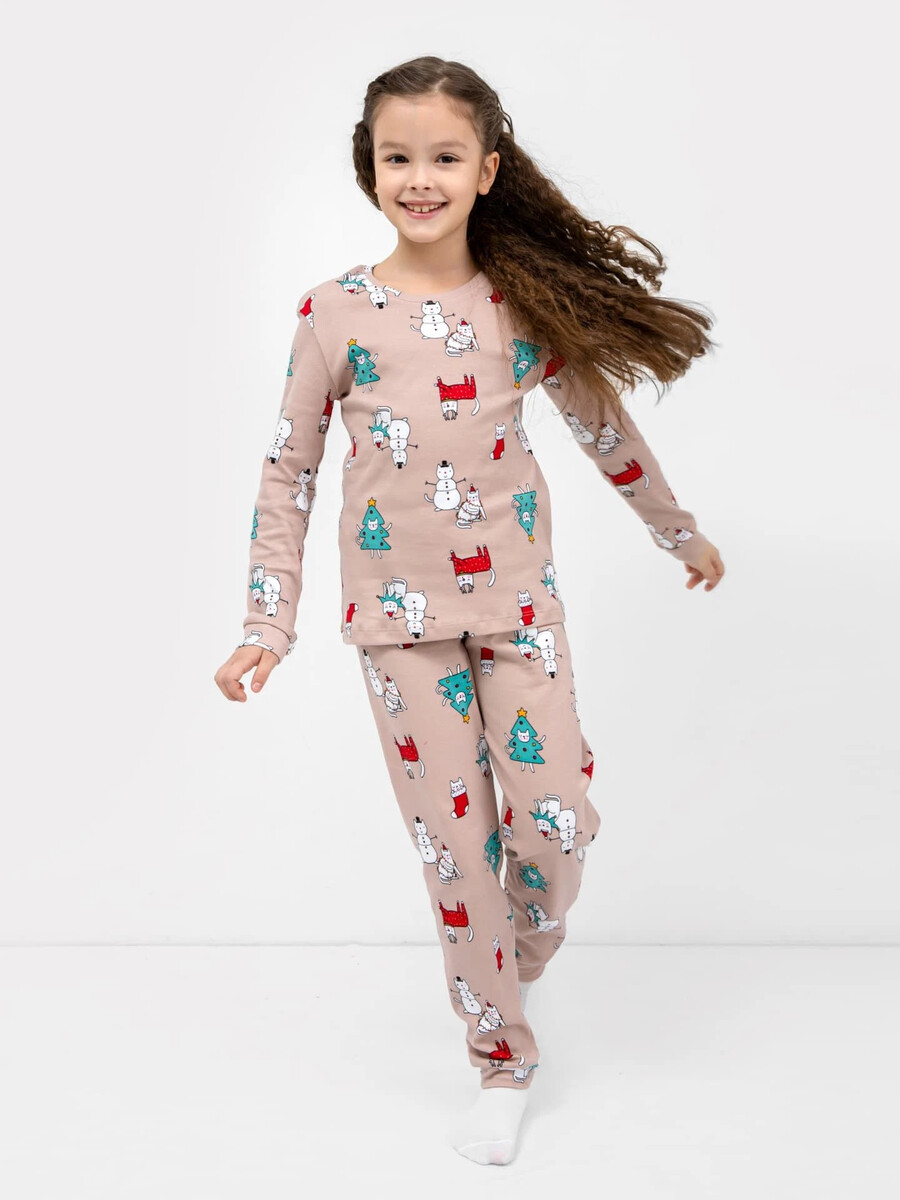 Хлопковая пижама для девочек (лонглсив и брюки) пижама с новогодним принтом для девочек
