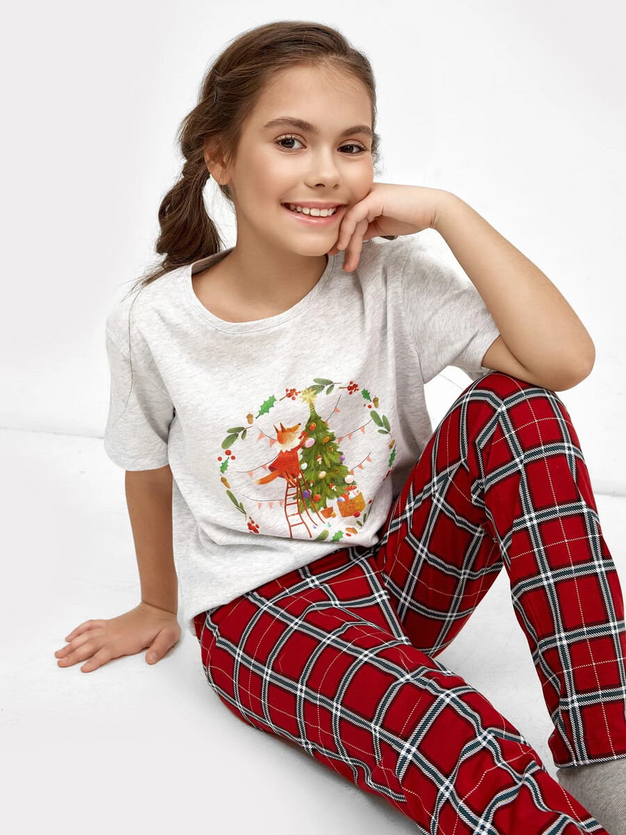 Комплект для девочек (серая футболка и брюки в клетку) брюки в клетку для девочек из коллекции kamchatka