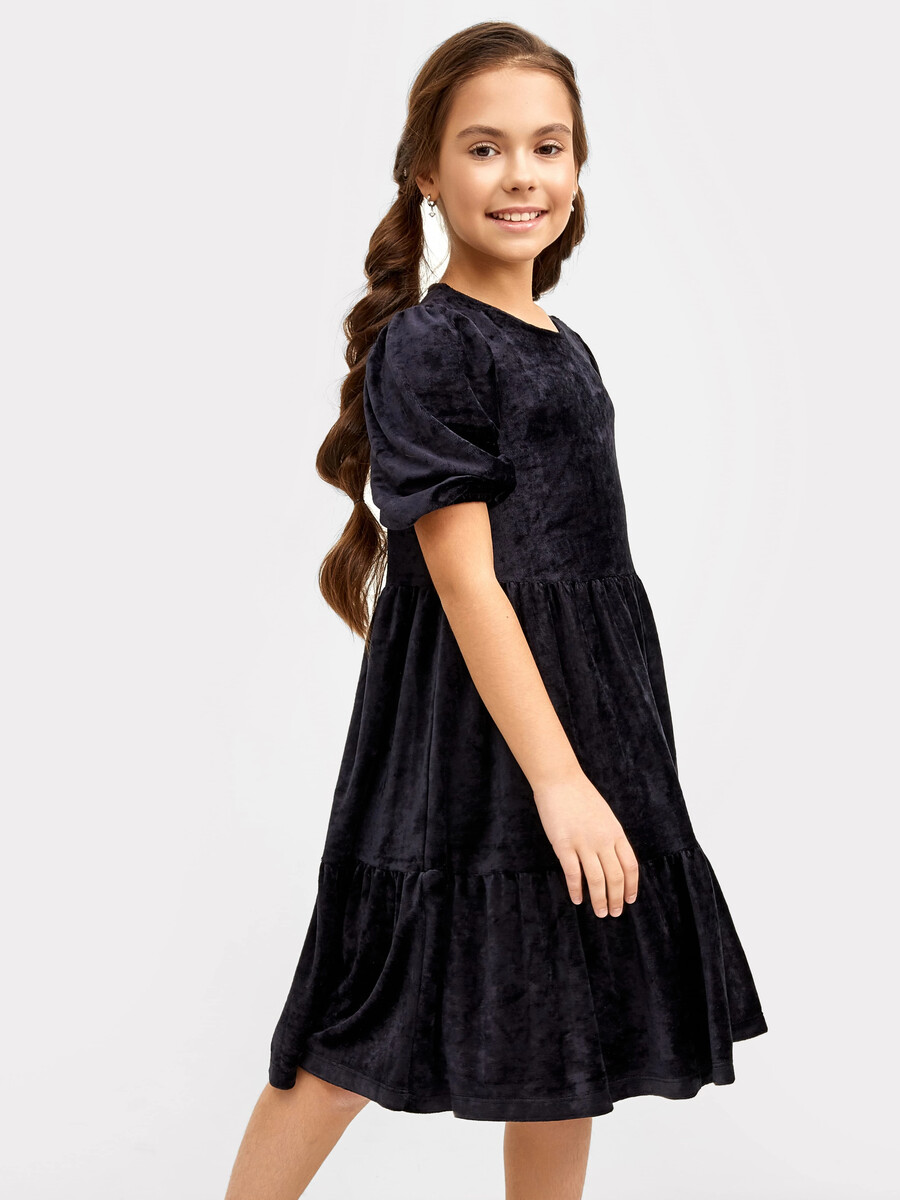 Нарядное велюровое платье черного цвета для девочек прямой жакет на молнии черного цвета в сердечко для девочек