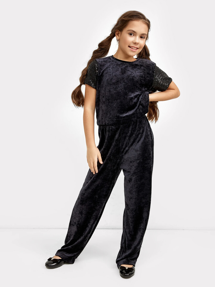 Велюровые брюки свободного силуэта черного цвета для девочек хлопковое платье футболка свободного силуэта