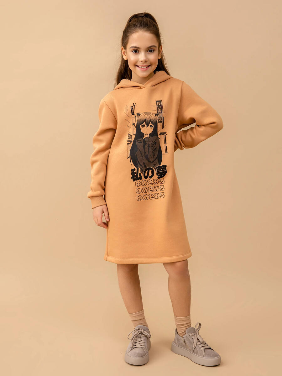 Теплое платье-худи песочного цвета с принтом в азиатском стиле для девочек набор заколок клик клак в стиле гранж для девочек