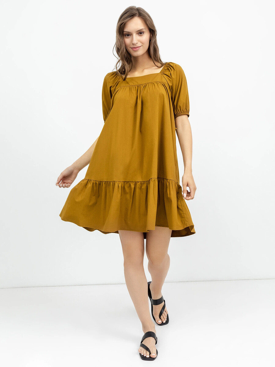 Однотонное платье коричневого цвета с широкими рукавами и вырезом платье женское с короткими рукавами в персиковом е