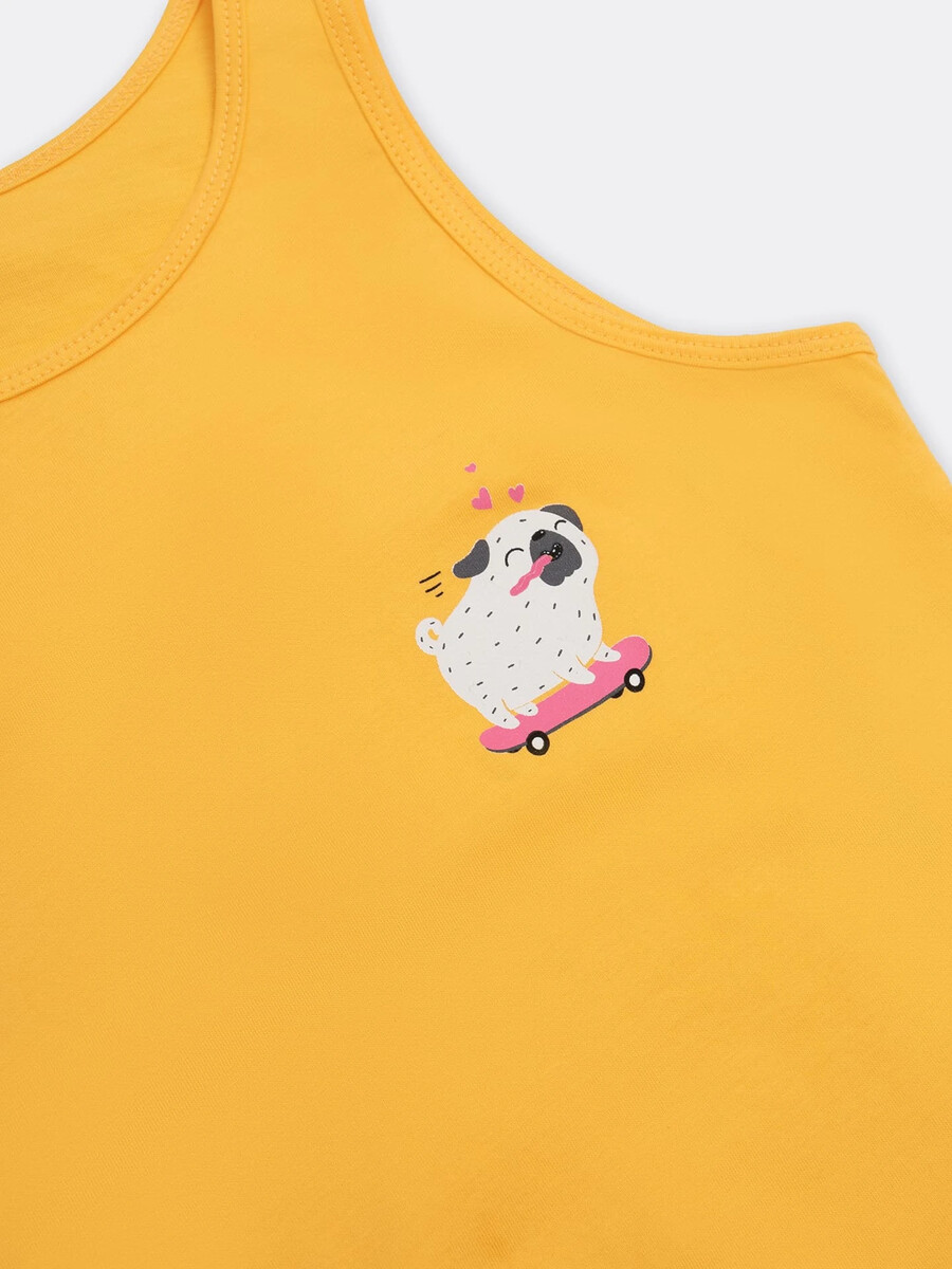 фото Хлопковая майка желтого цвета с мопсом на скейтборде для девочек mark formelle