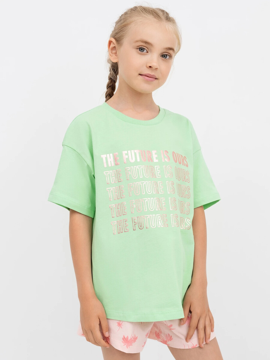 Хлопковая свободная футболка салатового цвета с принтом
