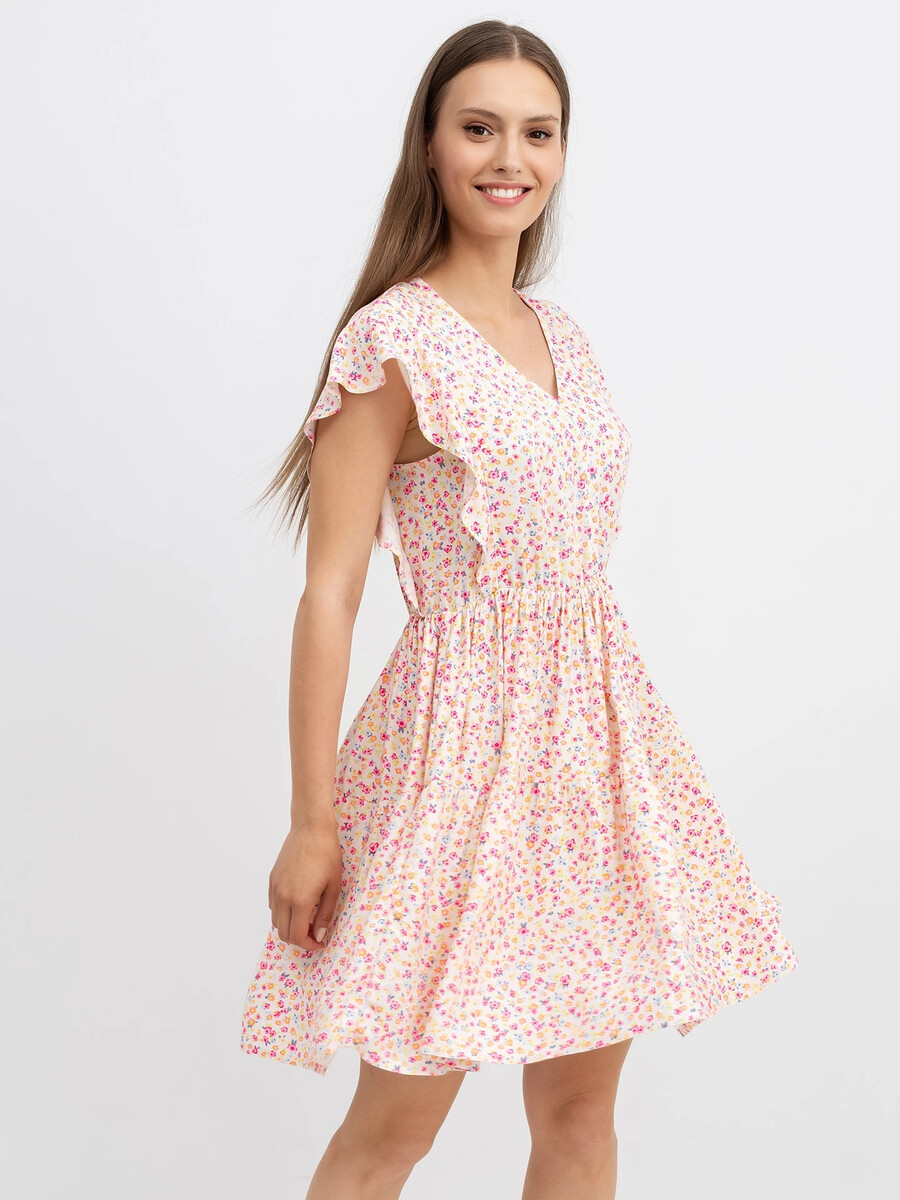 Платье из вискозы с v-образным вырезом молочного цвета в розовый цветочек