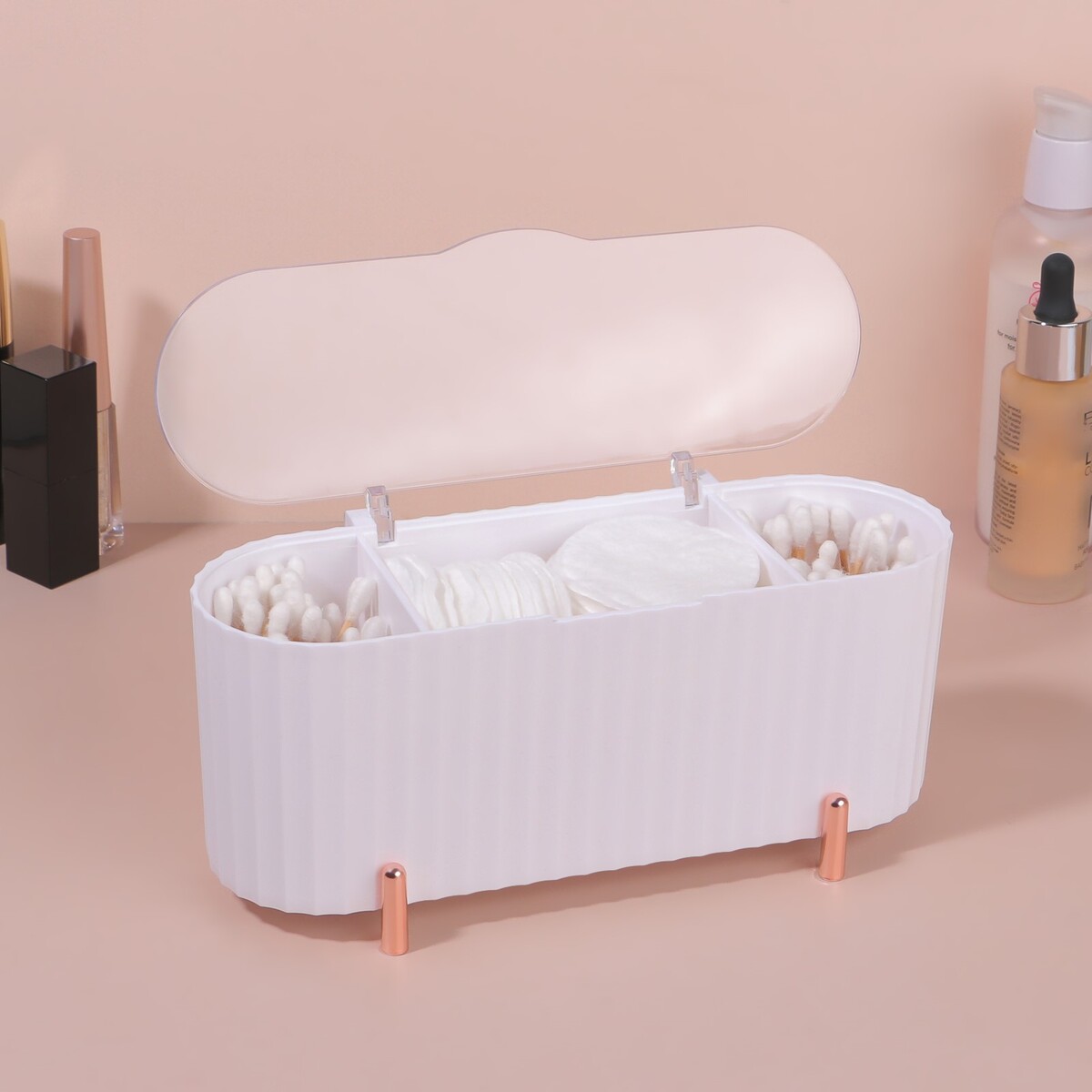 Органайзер для хранения, с крышкой, 3 секции, 21 × 8 × 9 см, цвет белый/розовое-золото поталь для декора розовое золото