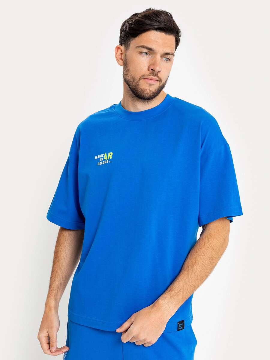 Хлопковая футболка оверсайз синяя с надписью футболка оверсайз с лампасами уголь 7