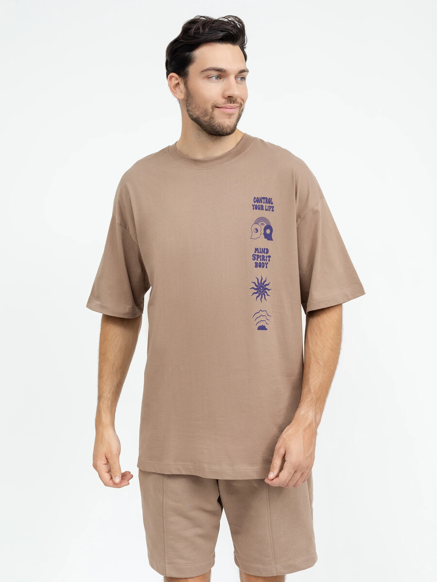 Хлопковая футболка силуэта оверсайз в коричневом цвете с принтом футболка оверсайз с лампасами уголь 7