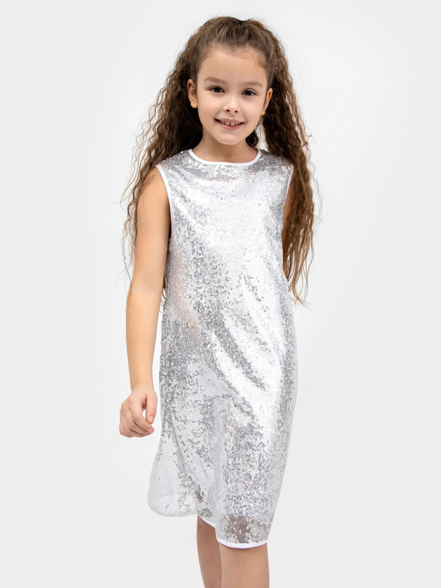 фото Нарядное платье без рукавов в белые пайетки для девочек mark formelle