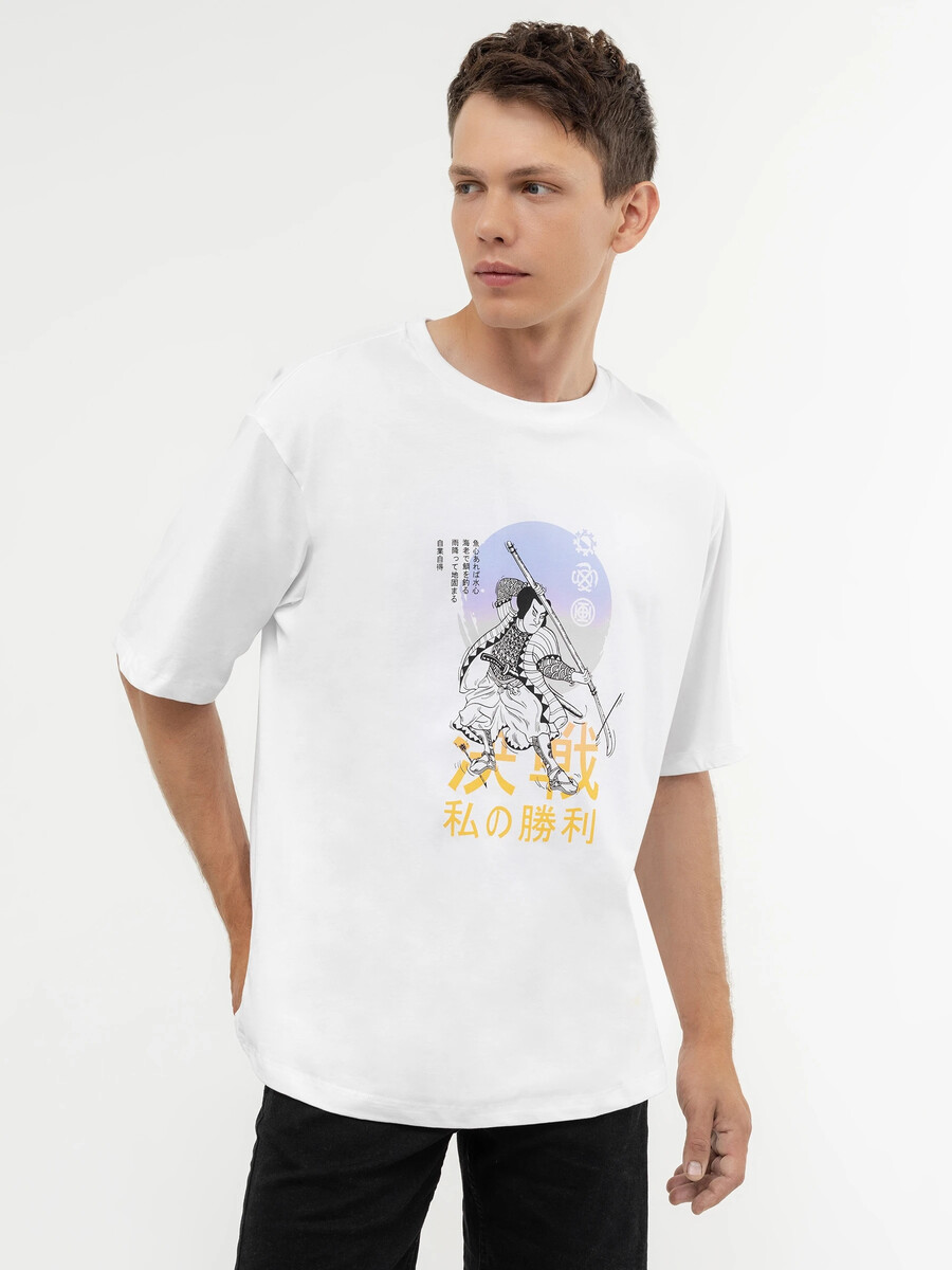 Хлопковая белая футболка с крупным разноцветным принтом хлопковая футболка силуэта оверсайз в коричневом е с принтом