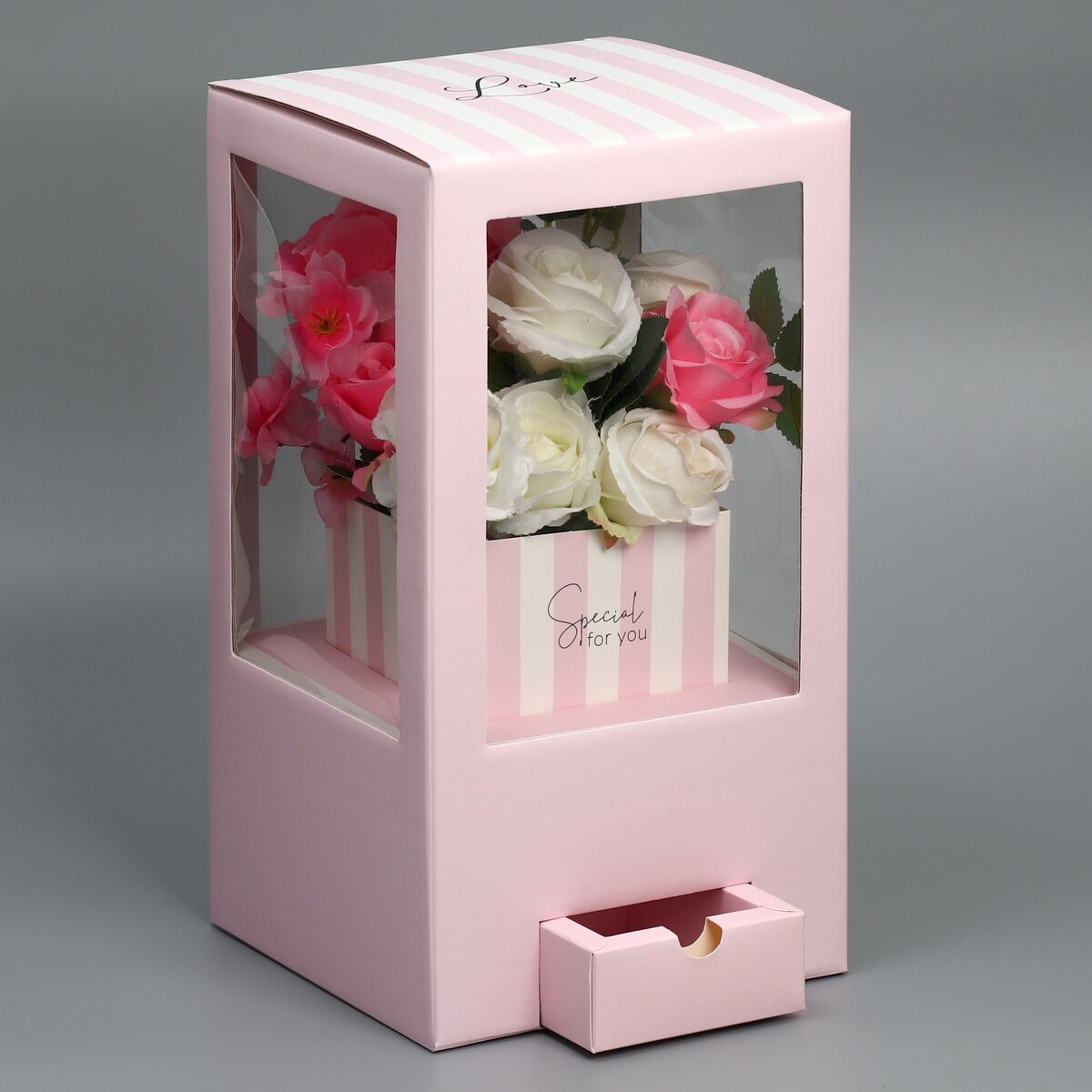 Коробка подарочная для цветов с вазой из мгк складная, упаковка, коробка для ов с вазой и pvc окнами складная 23 х 30 х 23 см белый