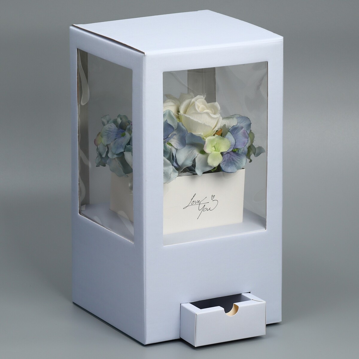 Коробка подарочная для цветов с вазой из мгк складная, упаковка, коробка для ов с вазой и pvc окнами складная 23 х 30 х 23 см