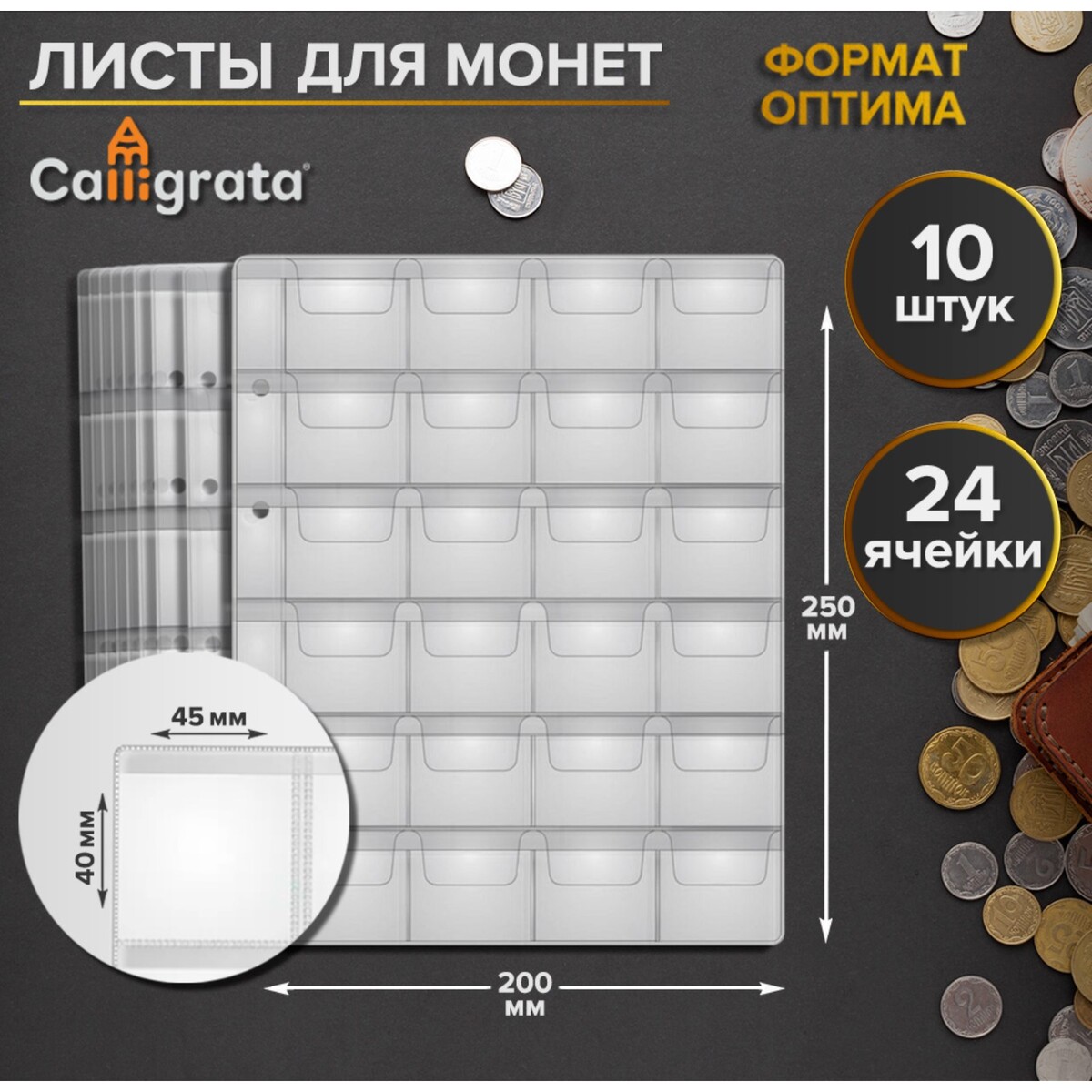 Набор листов для монет, формат монетник десятка для 10 рублевых монет 110х155мм на 96 монеты 12 ячеек 33х33мм на листе с клапанами